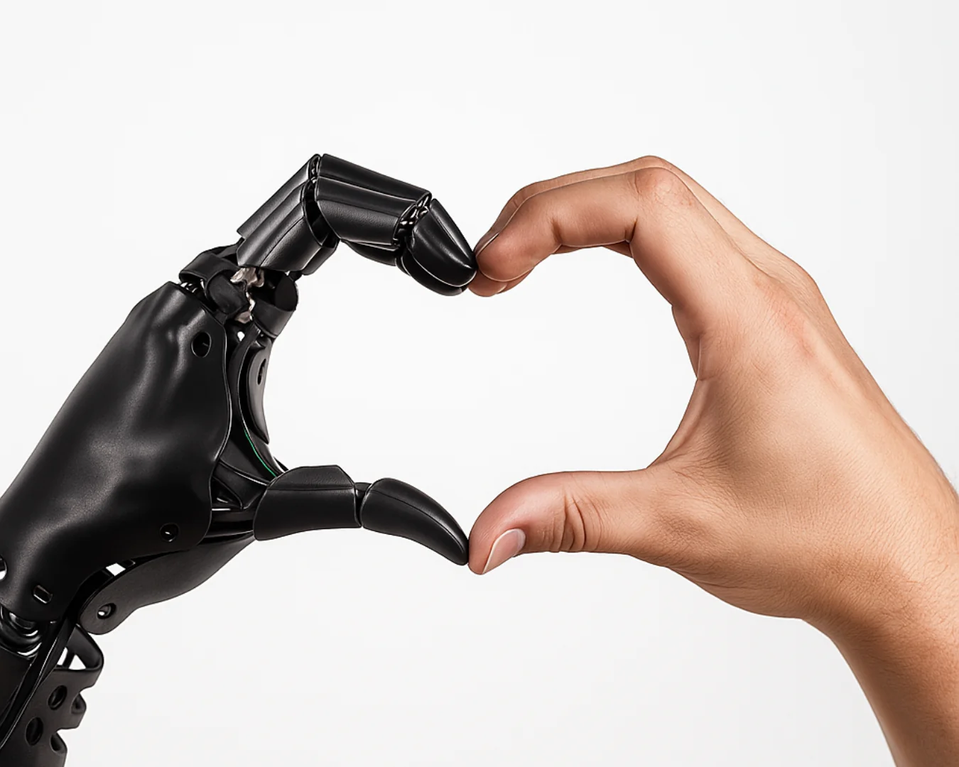 Una mano humana y una robótica forman juntas un corazón